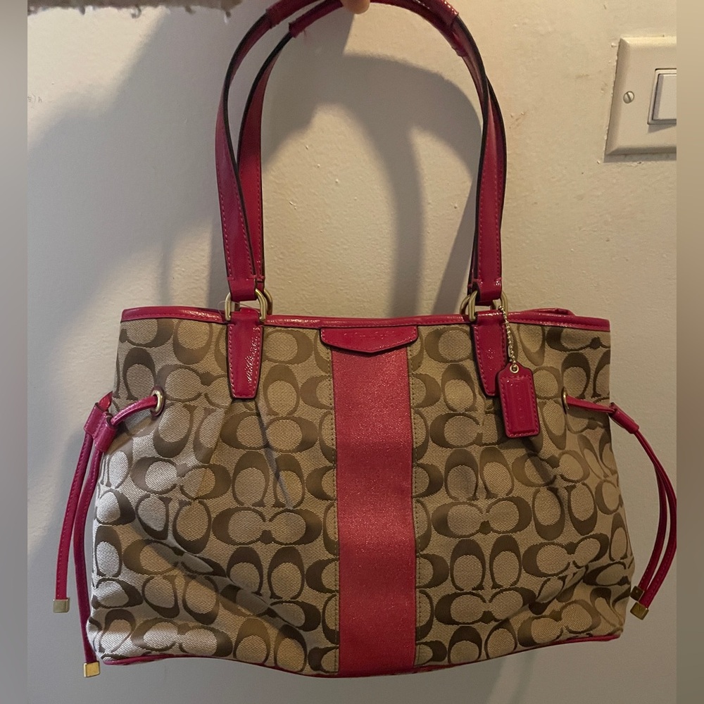 Coach Signature Canvas Shoulder Bag - Pink and Brown NWT F28501 Fuchsia/Khaki